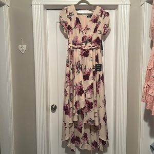 BRAND NEW with Tags. Lulus peach with pink/lilac flowers high low dress.
